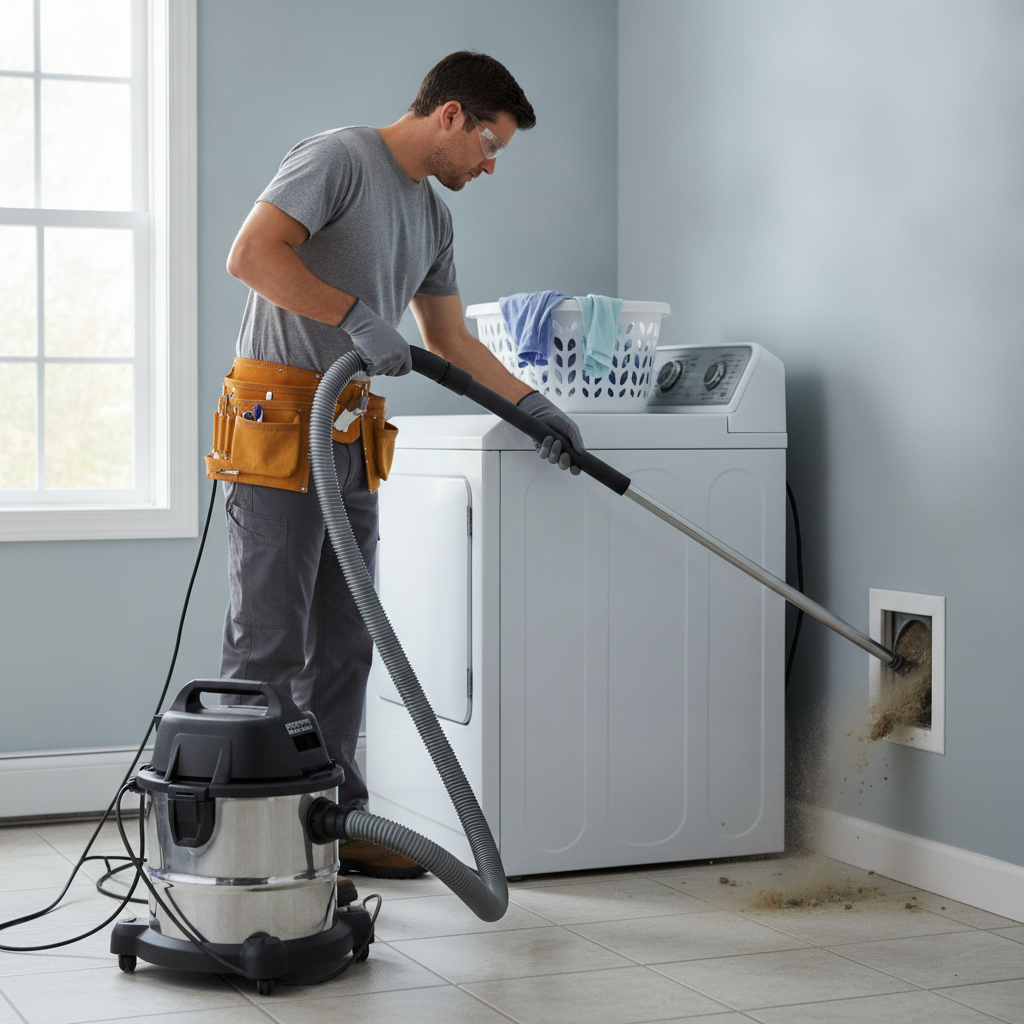 a technician cleaning a dryer vent. show that they are cleaning the vent.